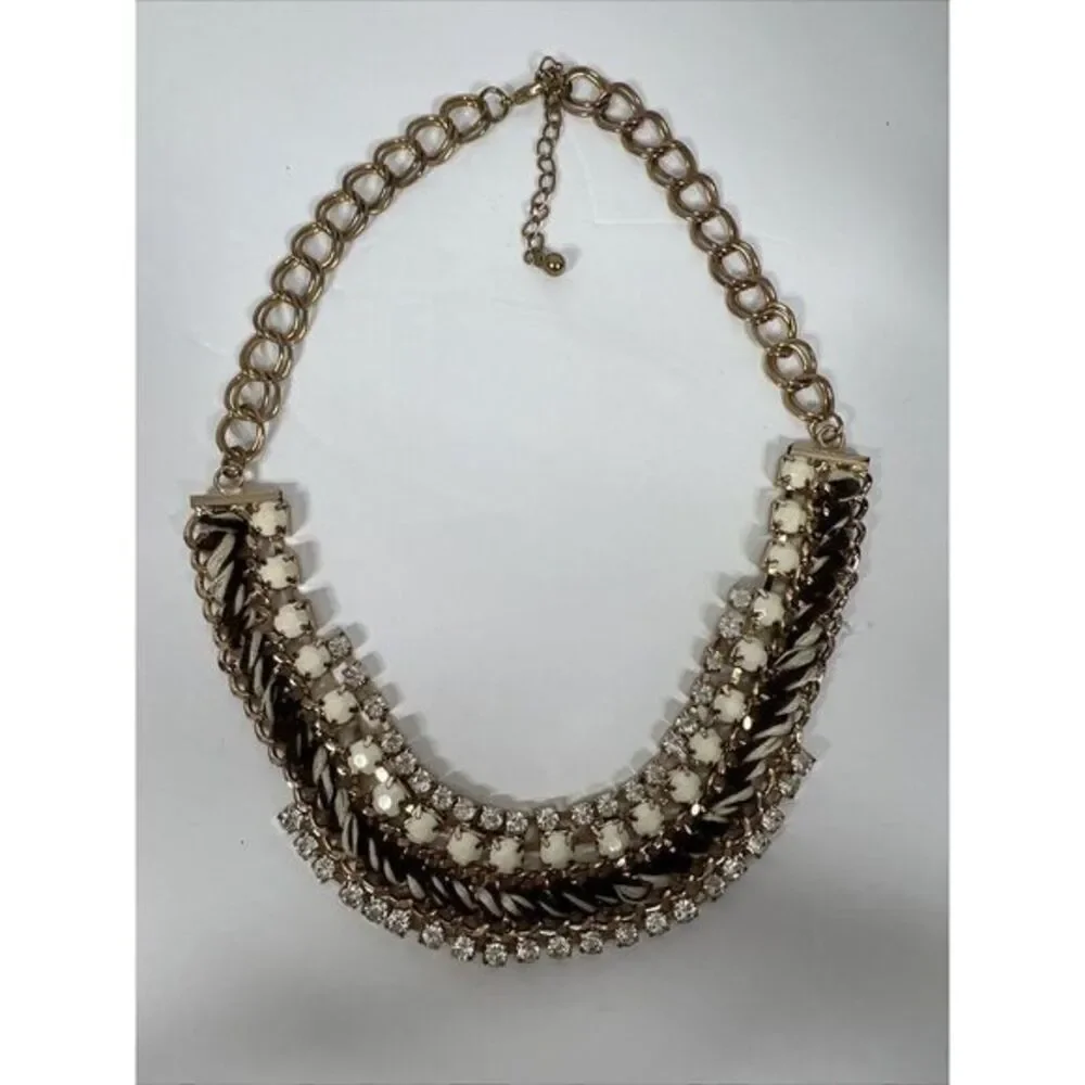 Ann Taylor‎ LOFT Women's Beige&Brown Ribbon Gold Link Crystal  Fan Necklace